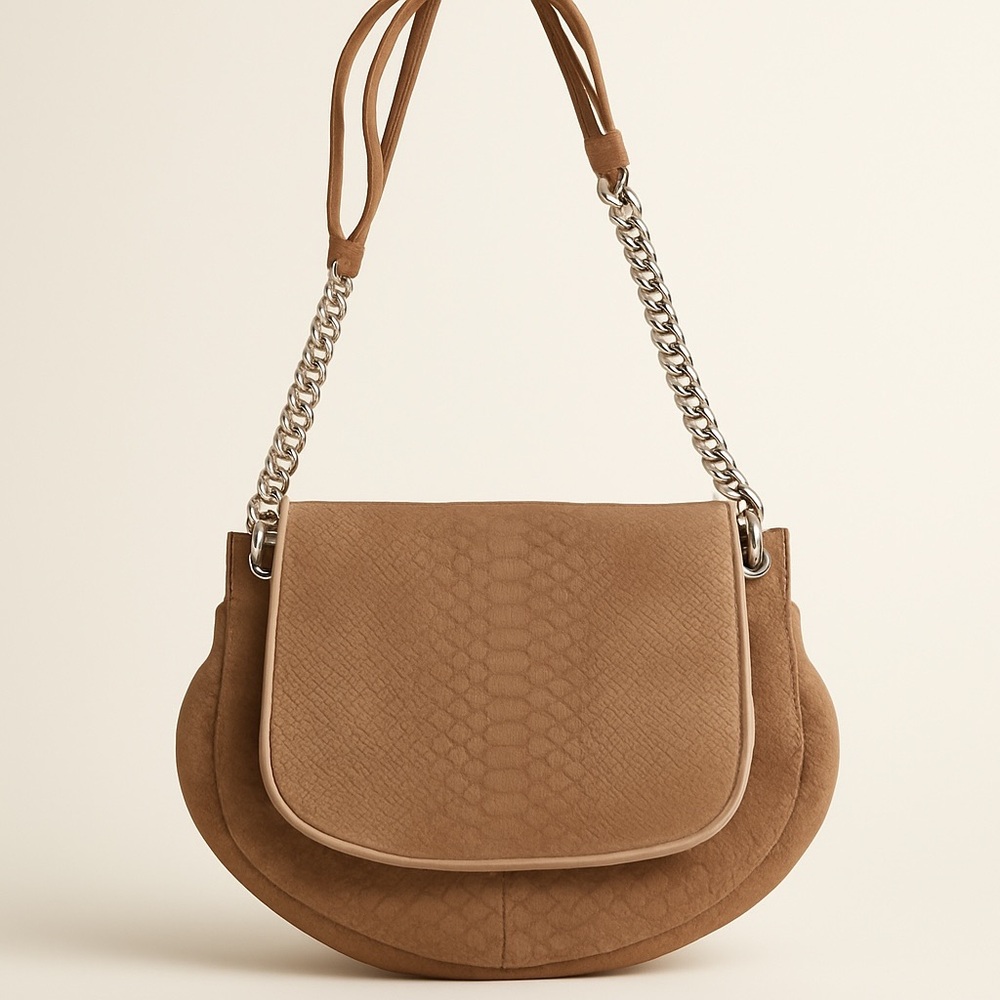 Ramy Brook Camile Purse Bag Snake Embossed Suede Leather Camel Designer Luxury